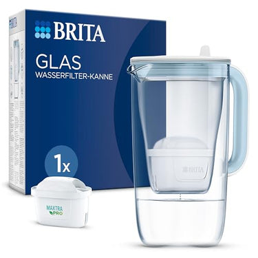 BRITA Glas Wasserfilter-Kanne hellblau (2,5l) inkl. 1x MAXTRA PRO All-in-1 Kartusche – Premium Design Kanne aus Glas, robust & leicht/reduziert Kalk, Chlor, Metalle wie Blei & Kupfer im Sale